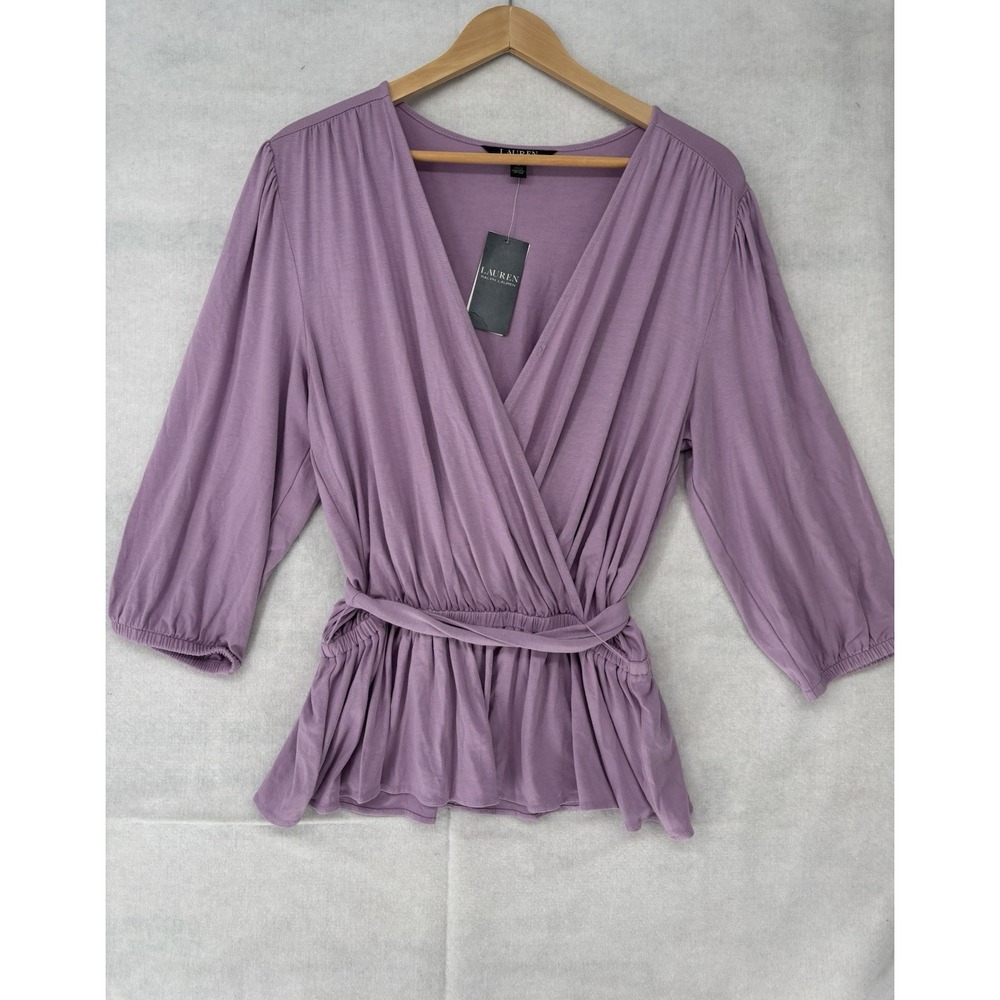 Ralph Lauren Women's M Belted Jersey Peplum Blouse Faux Wrap Front Purple NWT